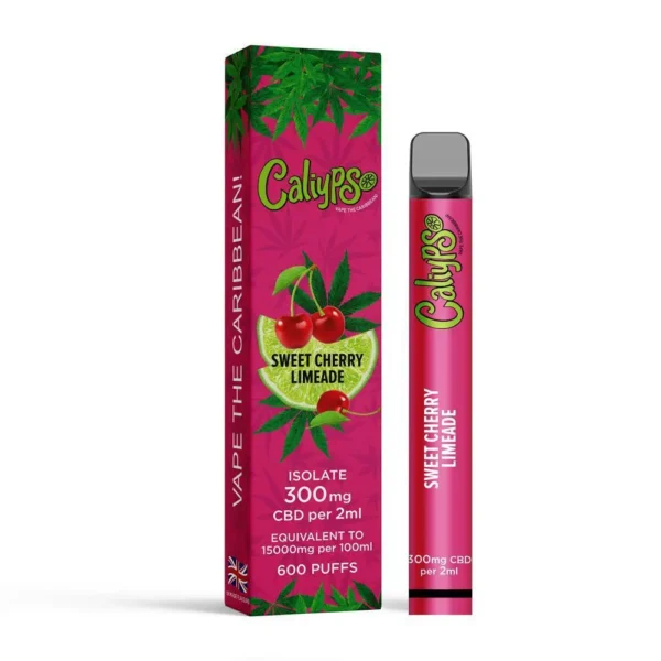 SPECIFICATIONS Battery Type	 Built-In  Disposable Device	 Calypso Bar  Flavours	 Cherry, Lemonade  Made In	 UK  Pod Kit Type	 Disposable, Pre-Filled  Product Type	 300mg CBD  Tank Capacity	 2ml  Sweet Cherry Lemonade Caliypso CBD Disposable Vape Bar 600 Puffs